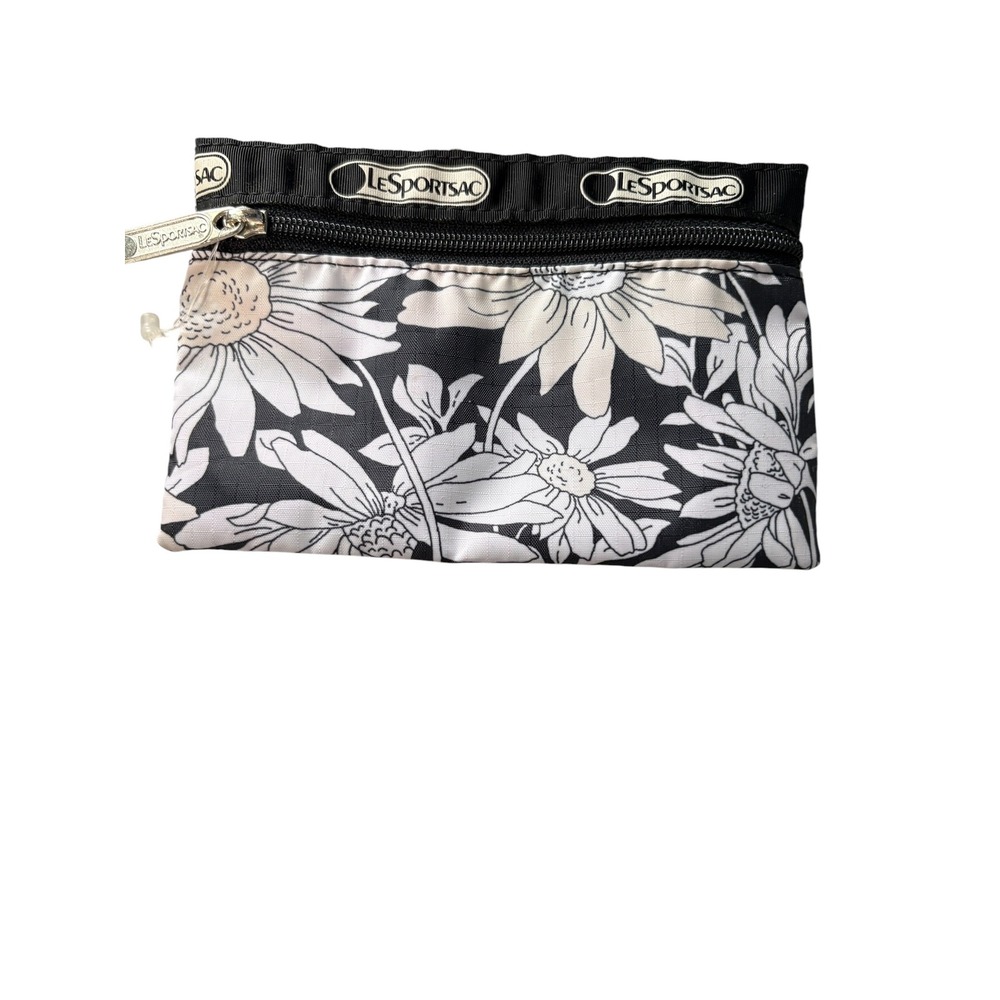 LeSportsac Pouch Floral Daisy Zippered Cosmetic Bag Womens Black White Wallet